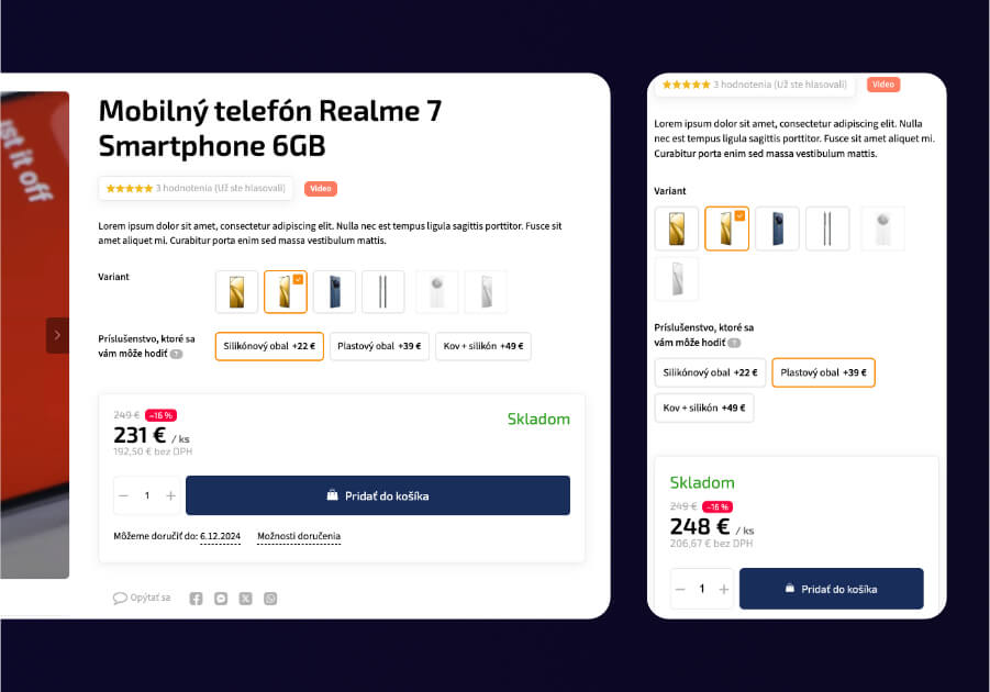 Shoptet šablóna Elevate - výber variantov a príplatkov